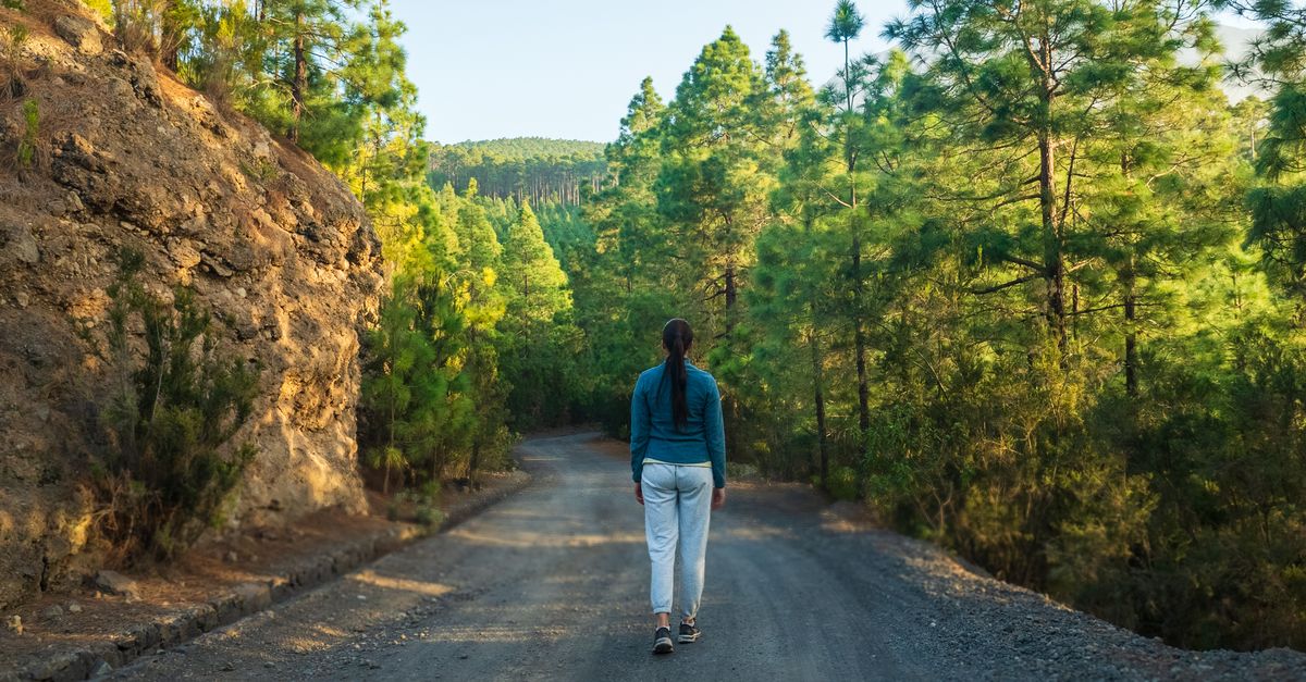 Femme marchant sur un sentier en nature, lumière matinale
